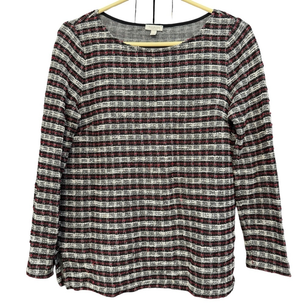 Talbots Petite Small Plaid Long Sleeve Red Black Gray Textured Sweater Top